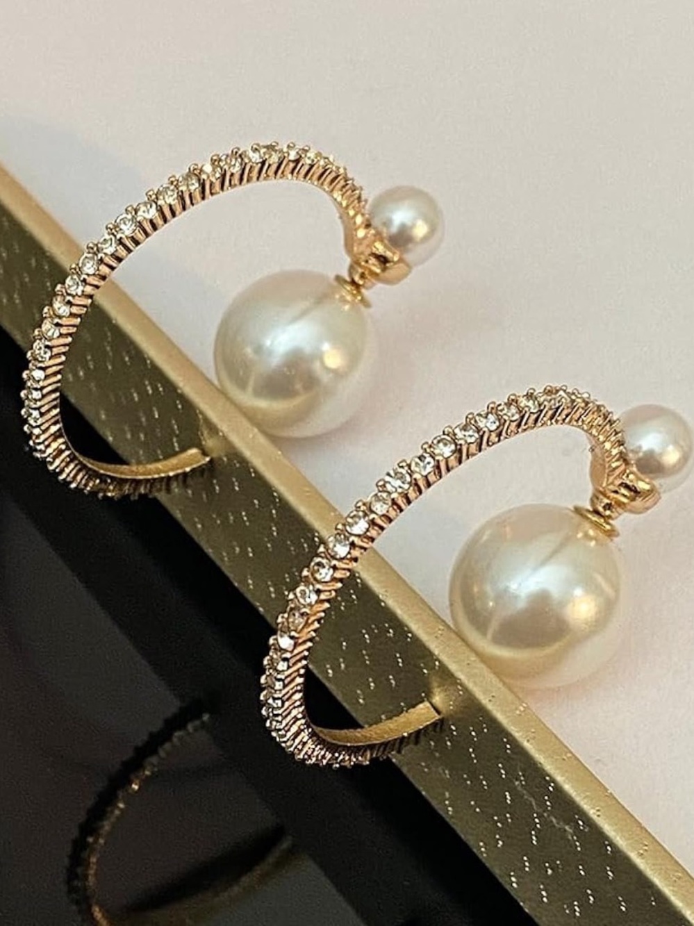 Tone Gold Crystal Hoop Earrings with White Pearls